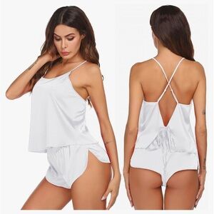 Ekouaer Silk Pajamas Set Satin Backless Lingerie Pjs Cami Set Camisole